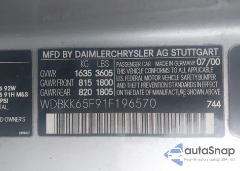 2001 Mercedes-Benz Slk 320 из США, поврежденный, VIN WDBKK65F91F196570